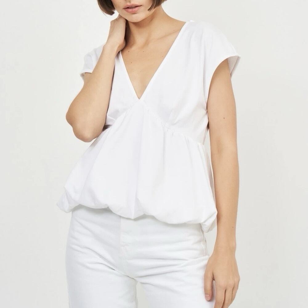 Zara Top Womens Large White Combo Balloon Hem Cap Sleeves V neck Fun Puffy Top